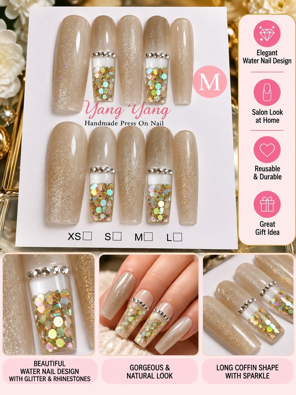 Yang Yang Water Press-On Nails – Medium Coffin